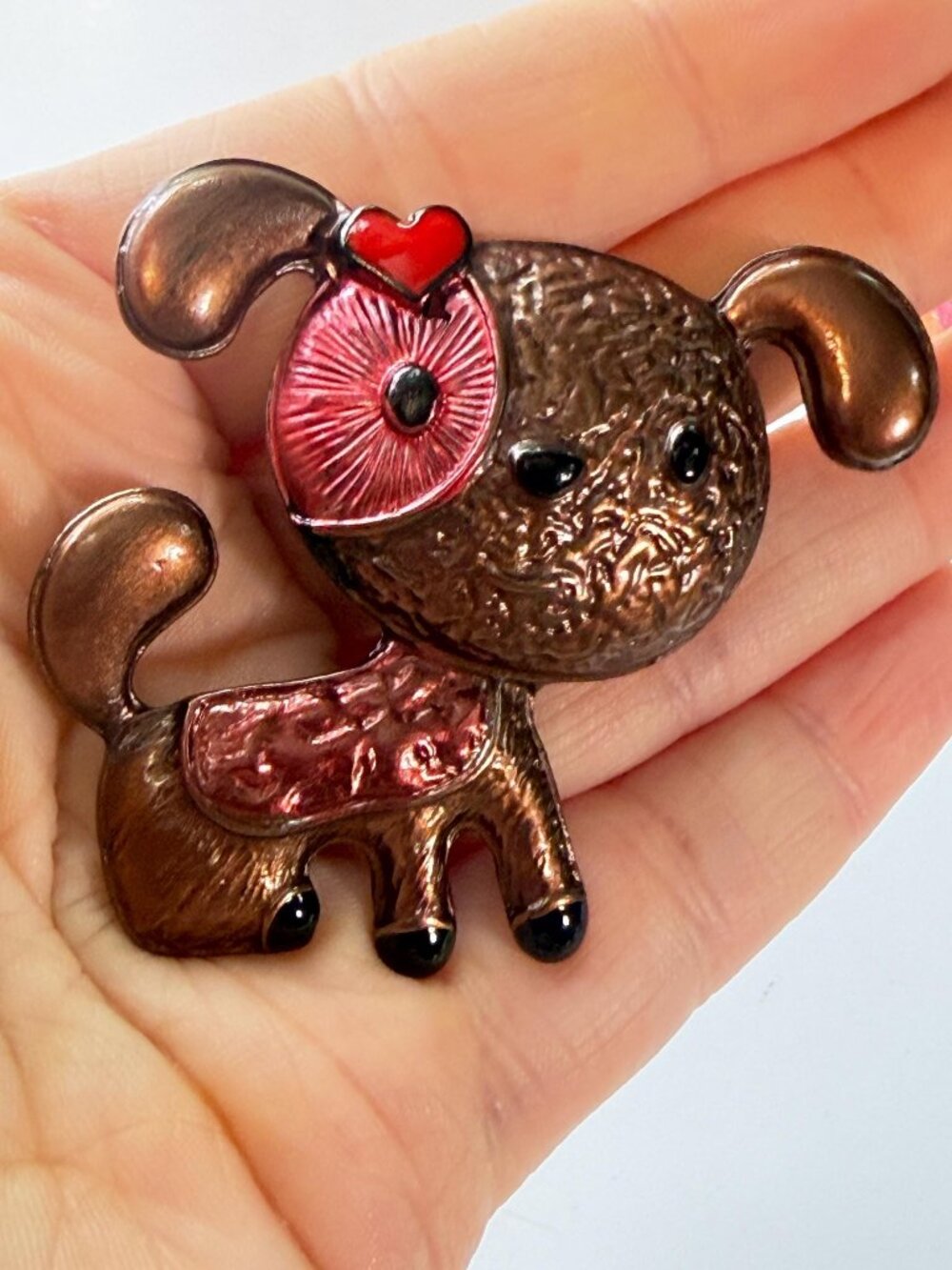 Cute Puppy Dog Brooch Brown Enamel Pink Heart Eye Patch 2.25"